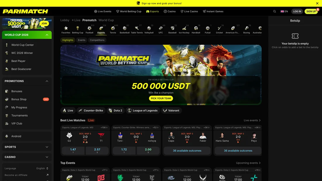 Pantalla de apuestas de esports en línea